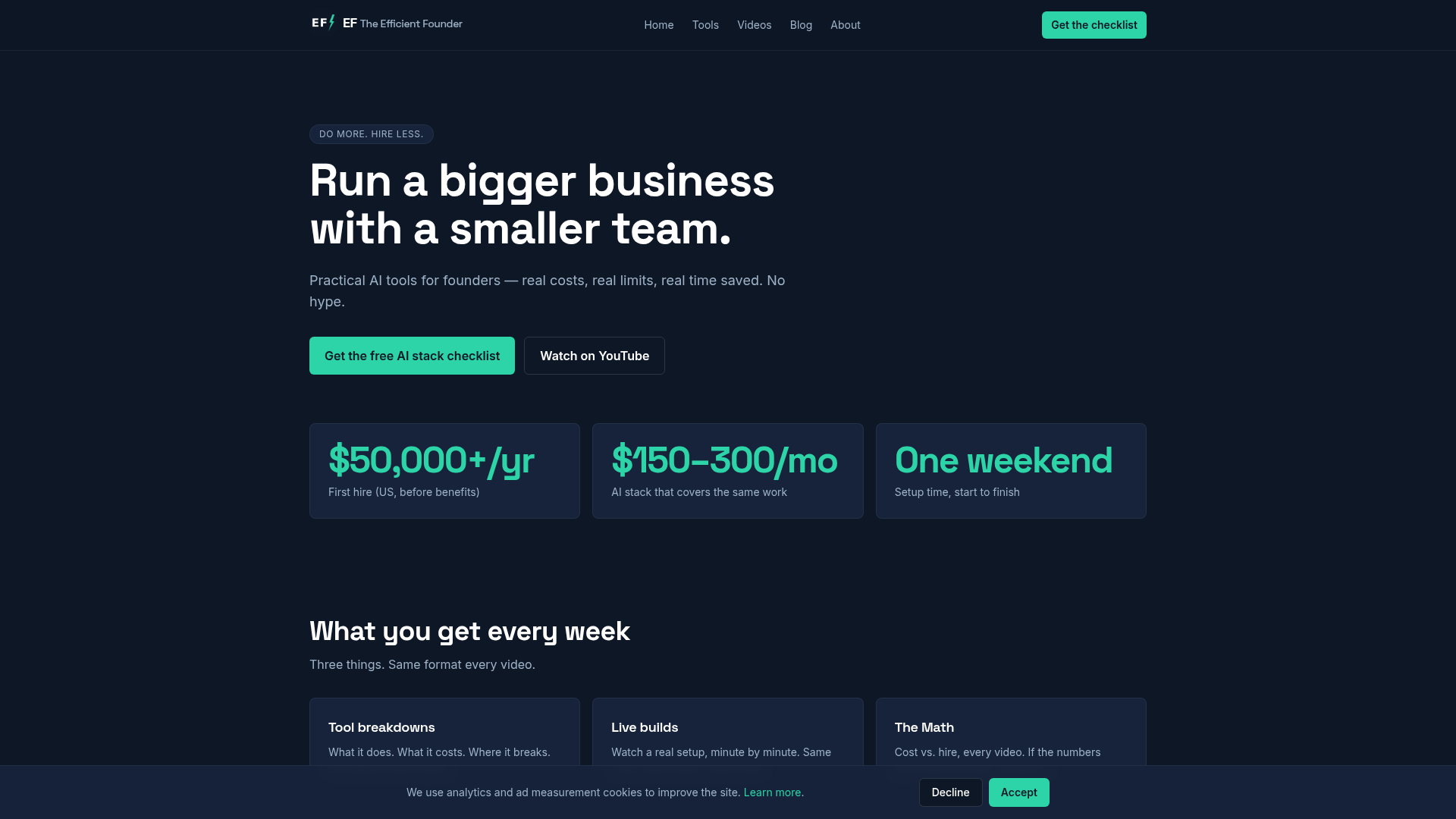 Screenshot of the The Efficient Founder homepage